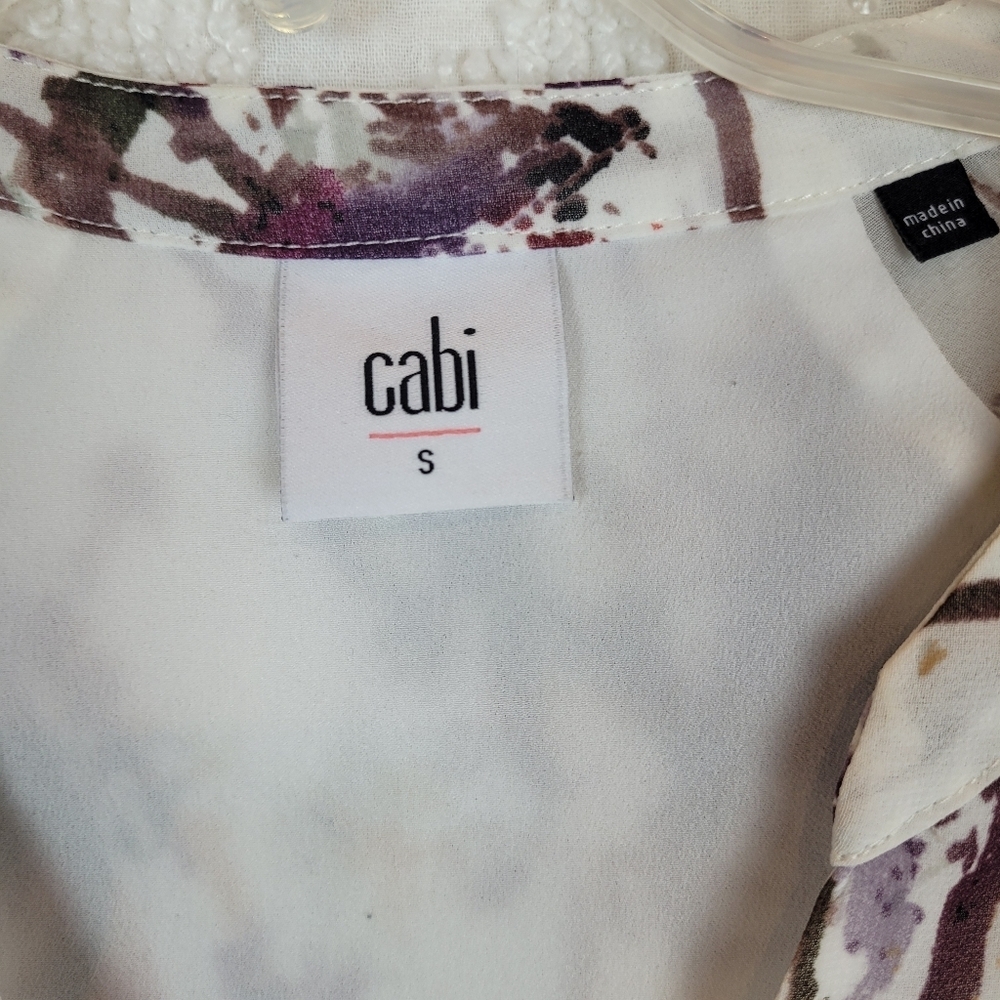 Cabi Goddess Blouse Ivory V-neck multi color long sleeve cuff abstract artsy S - Picture 2 of 10